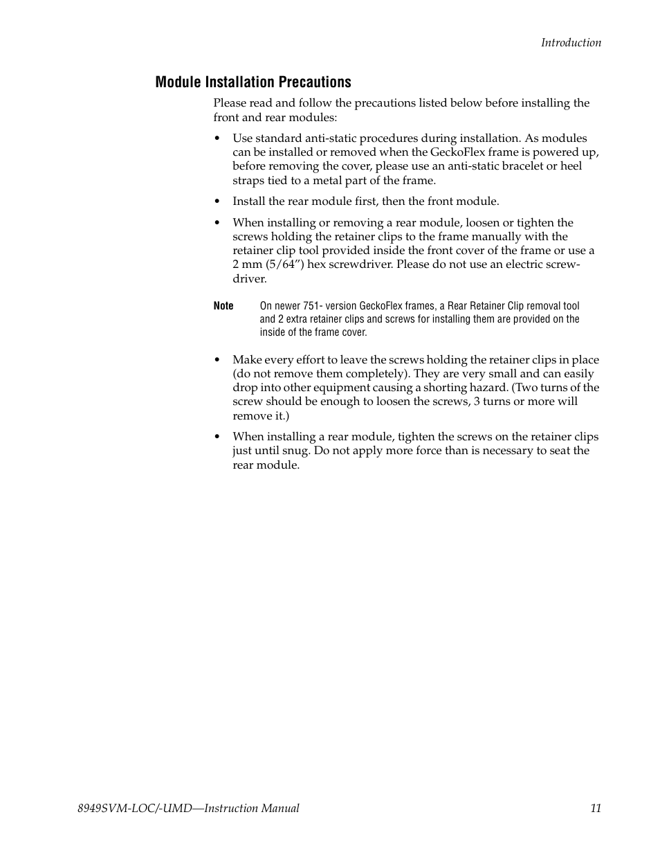 Module installation precautions | Grass Valley 8949SVM-LOC User Manual | Page 11 / 42