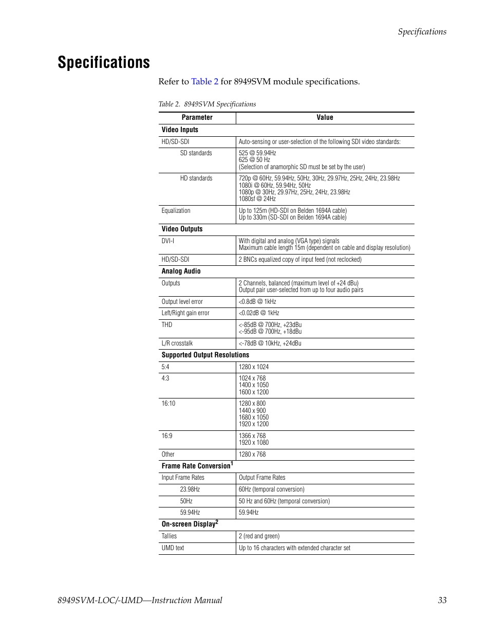 Specifications, Table 2 on | Grass Valley 8949SVM-LOC User Manual | Page 33 / 42