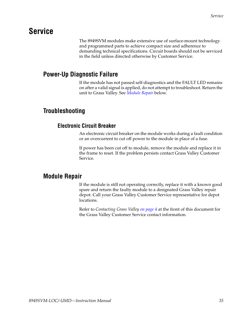 Service, Power-up diagnostic failure, Troubleshooting | Electronic circuit breaker, Module repair, Fer to | Grass Valley 8949SVM-LOC User Manual | Page 35 / 42