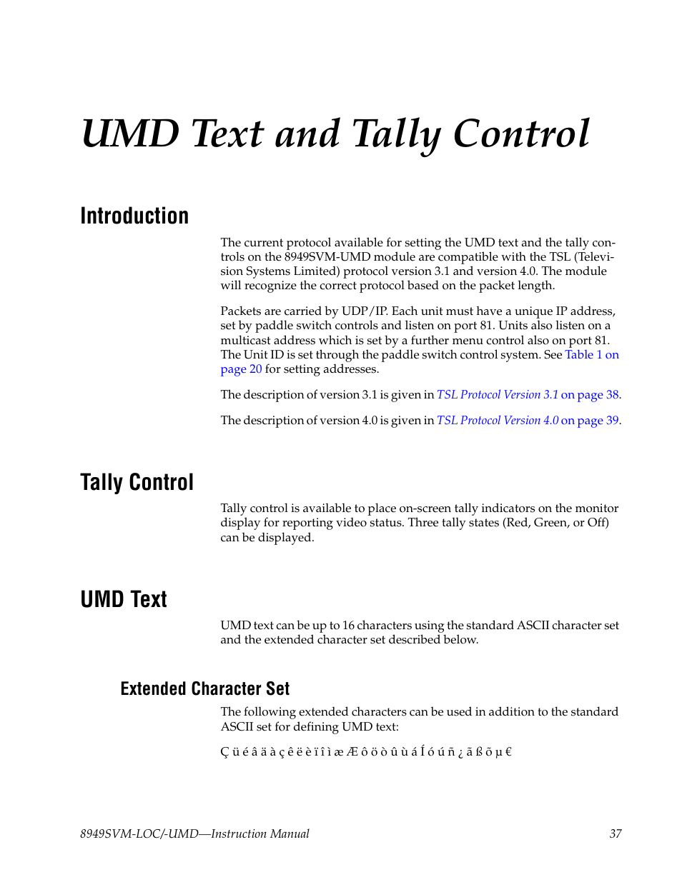 Umd text and tally control, Introduction, Tally control | Umd text, Extended character set, Umd text and tally, R to, Ethernet port. see, Umd text and tally control on | Grass Valley 8949SVM-LOC User Manual | Page 37 / 42