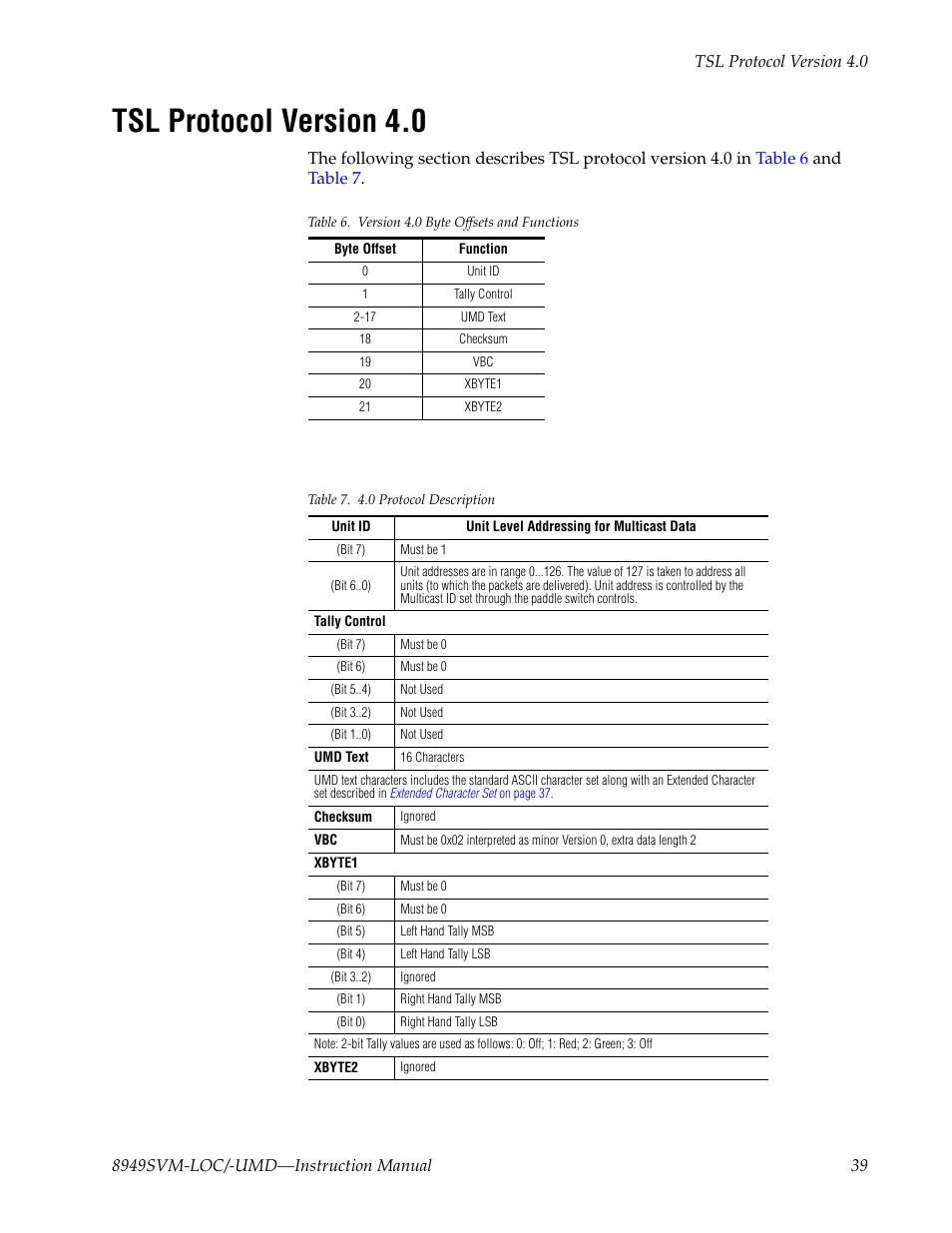 Tsl protocol version 4.0 | Grass Valley 8949SVM-LOC User Manual | Page 39 / 42