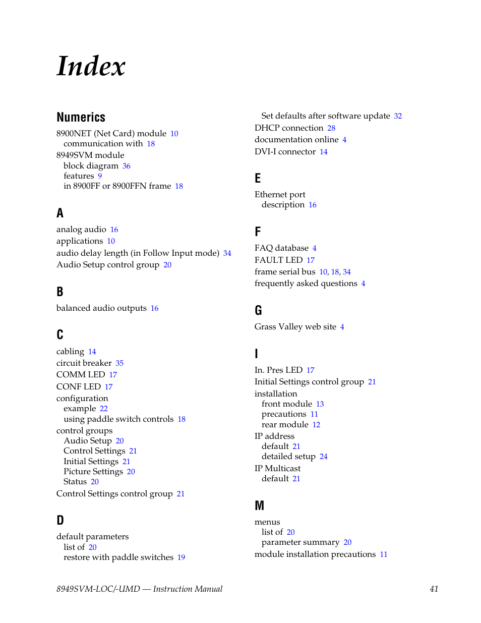 Index, Numerics | Grass Valley 8949SVM-LOC User Manual | Page 41 / 42