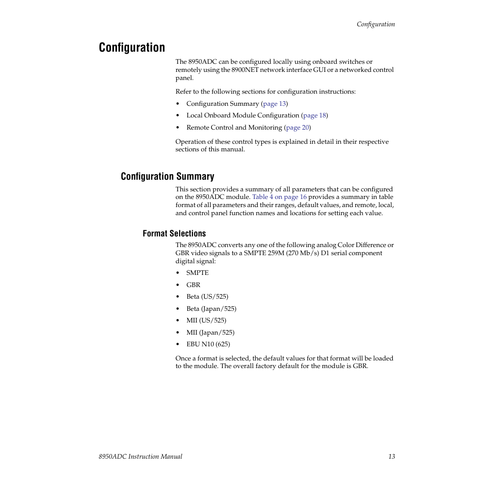 Configuration, Configuration summary, Format selections | Grass Valley 8950ADC User Manual | Page 13 / 46