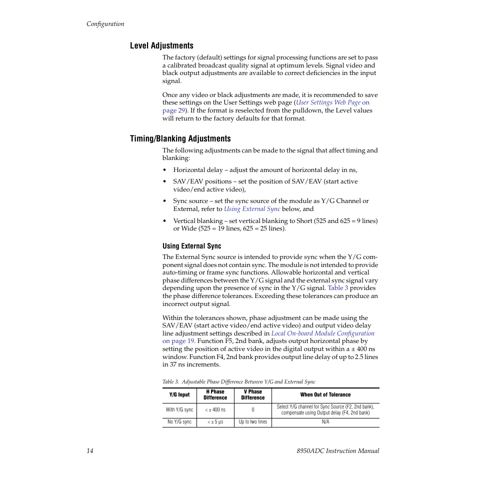 Level adjustments, Timing/blanking adjustments, Using | External sync, For timing considerations) | Grass Valley 8950ADC User Manual | Page 14 / 46