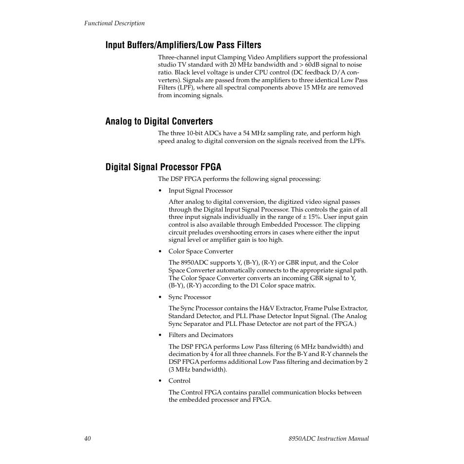 Input buffers/amplifiers/low pass filters, Analog to digital converters, Digital signal processor fpga | Grass Valley 8950ADC User Manual | Page 40 / 46