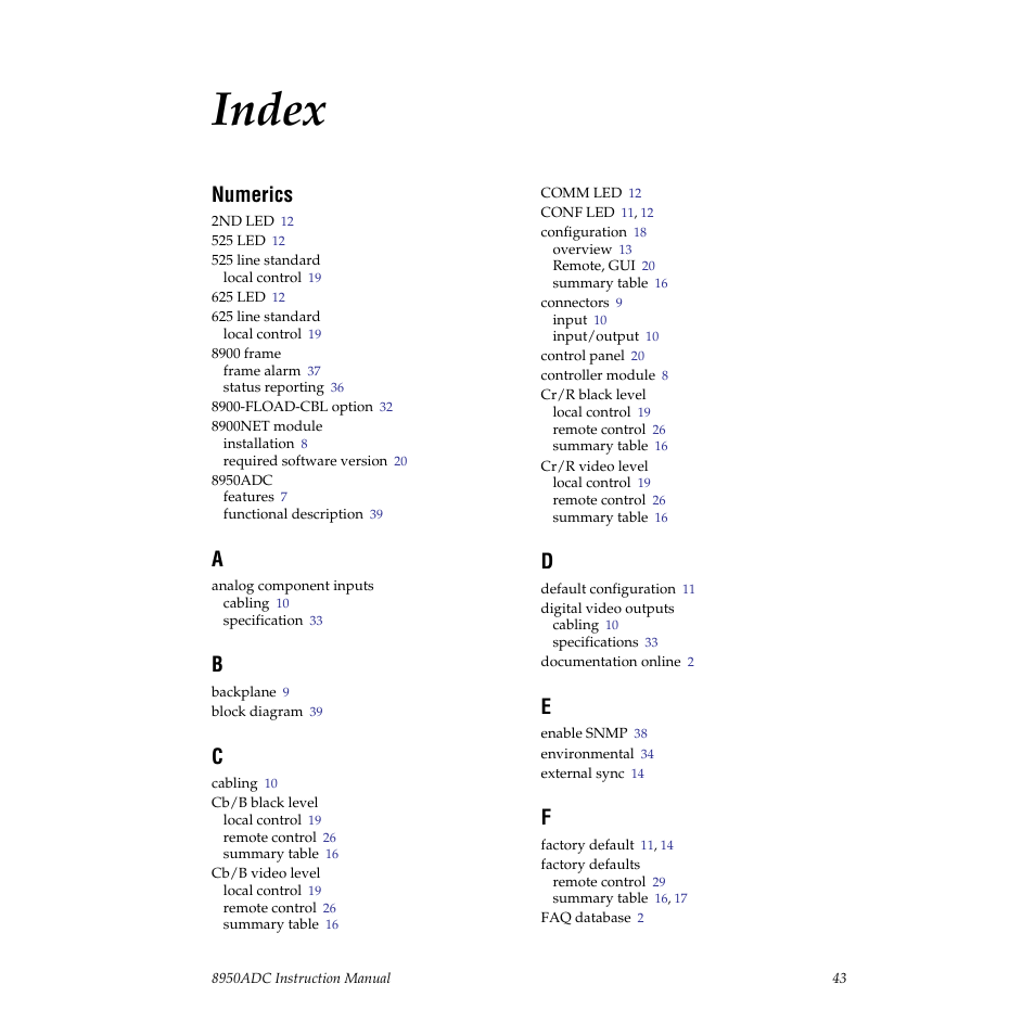 Index, Numerics | Grass Valley 8950ADC User Manual | Page 43 / 46