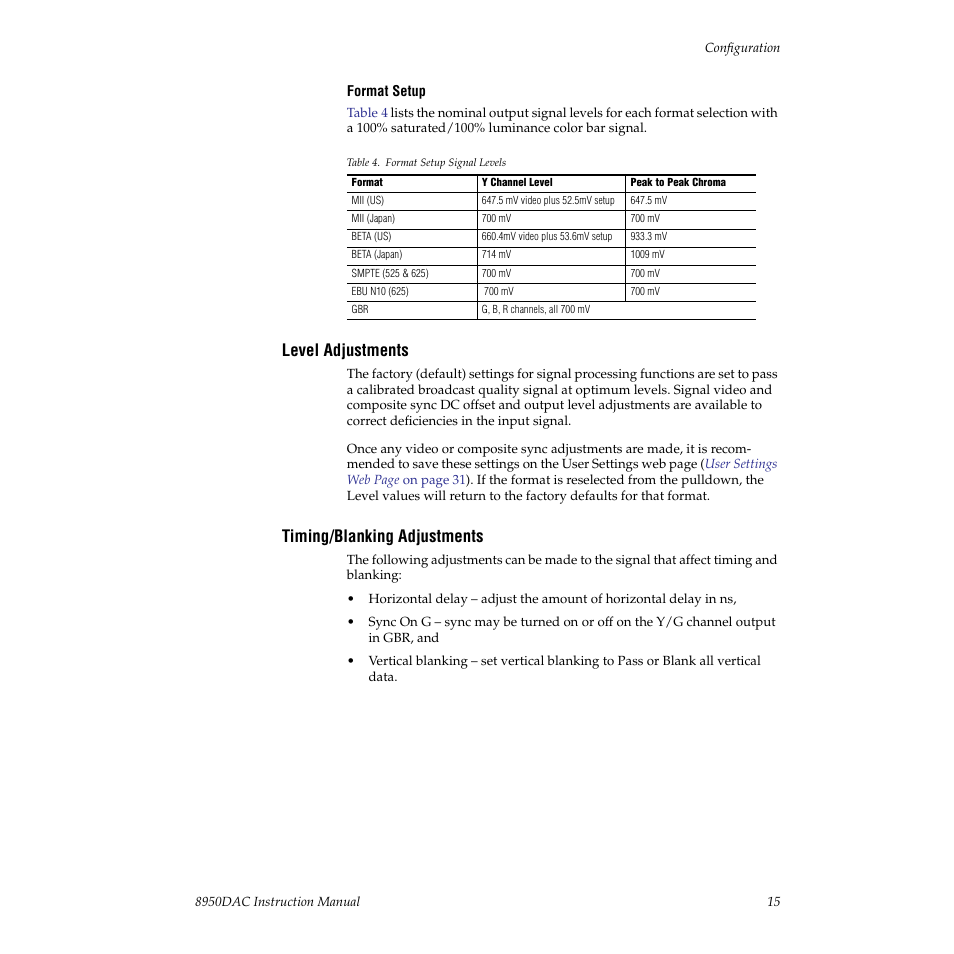 Level adjustments, Timing/blanking adjustments | Grass Valley 8950DAC User Manual | Page 15 / 48