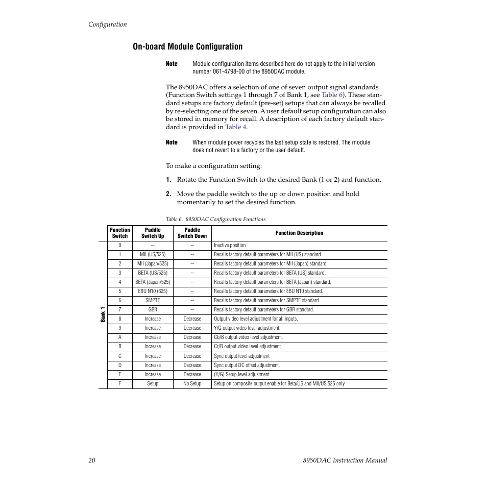 On-board module configuration, E used (see | Grass Valley 8950DAC User Manual | Page 20 / 48