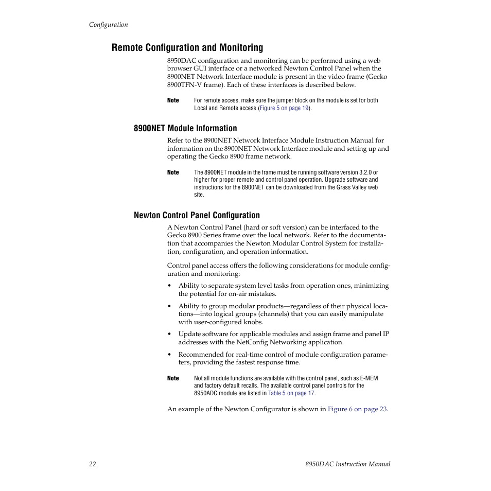 Remote configuration and monitoring, 8900net module information, Newton control panel configuration | Ol and monitoring | Grass Valley 8950DAC User Manual | Page 22 / 48