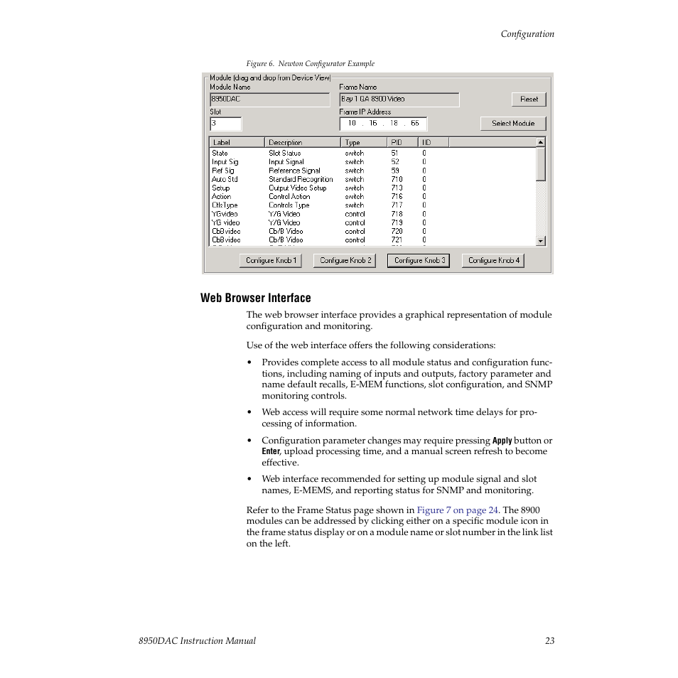 Web browser interface, An example of the newton configurator is shown in | Grass Valley 8950DAC User Manual | Page 23 / 48