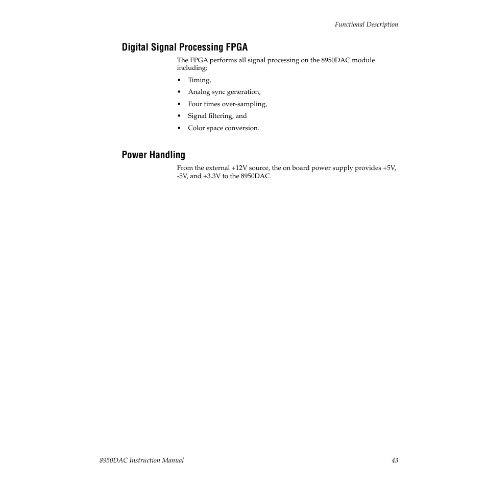 Digital signal processing fpga, Power handling | Grass Valley 8950DAC User Manual | Page 43 / 48