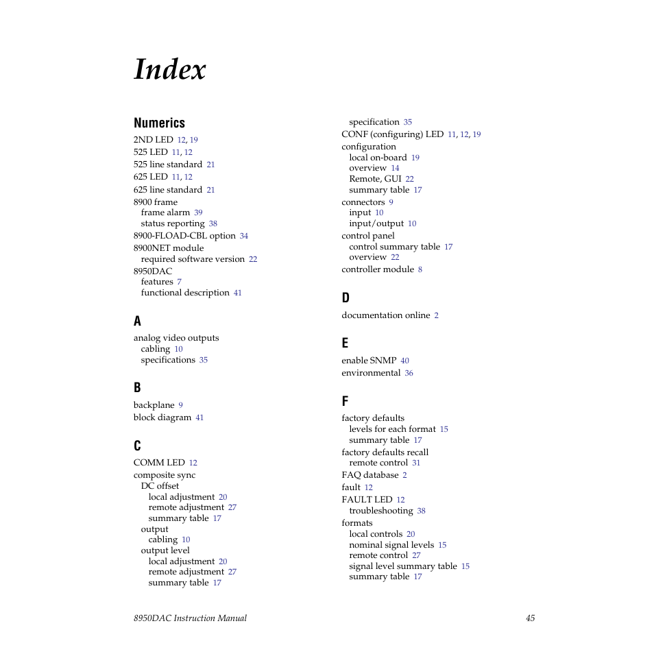 Index, Numerics | Grass Valley 8950DAC User Manual | Page 45 / 48