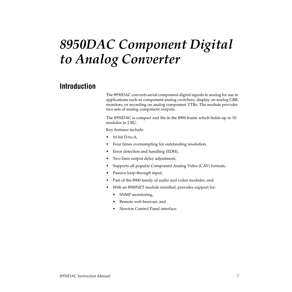 8950dac component digital to analog converter, Introduction | Grass Valley 8950DAC User Manual | Page 7 / 48