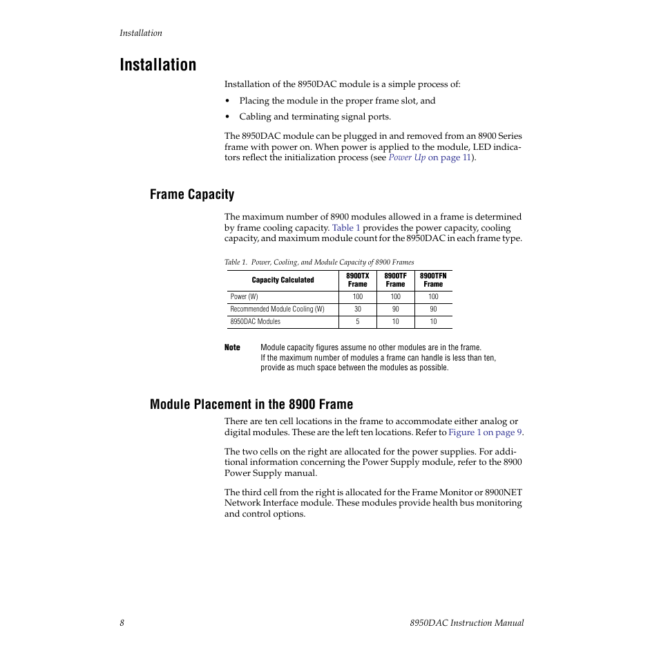 Installation, Frame capacity, Module placement in the 8900 frame | Grass Valley 8950DAC User Manual | Page 8 / 48