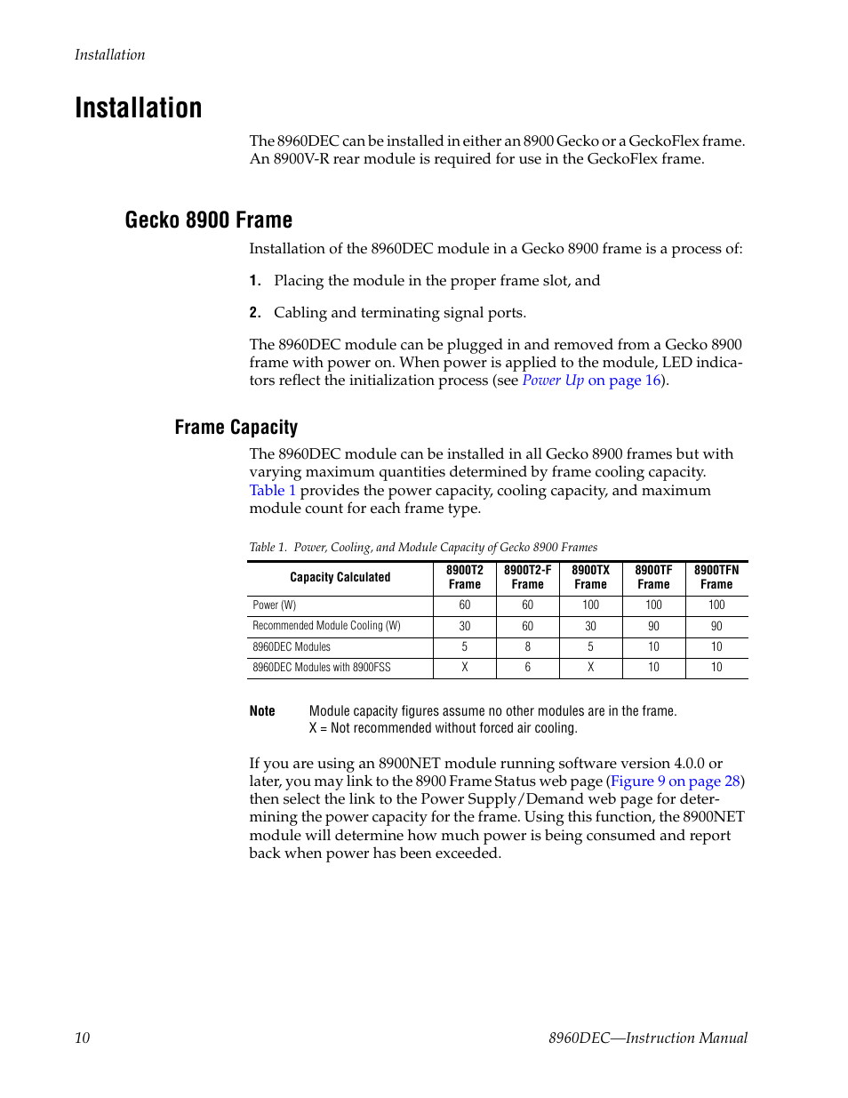 Installation, Gecko 8900 frame, Frame capacity | Grass Valley 8960DEC User Manual | Page 10 / 54