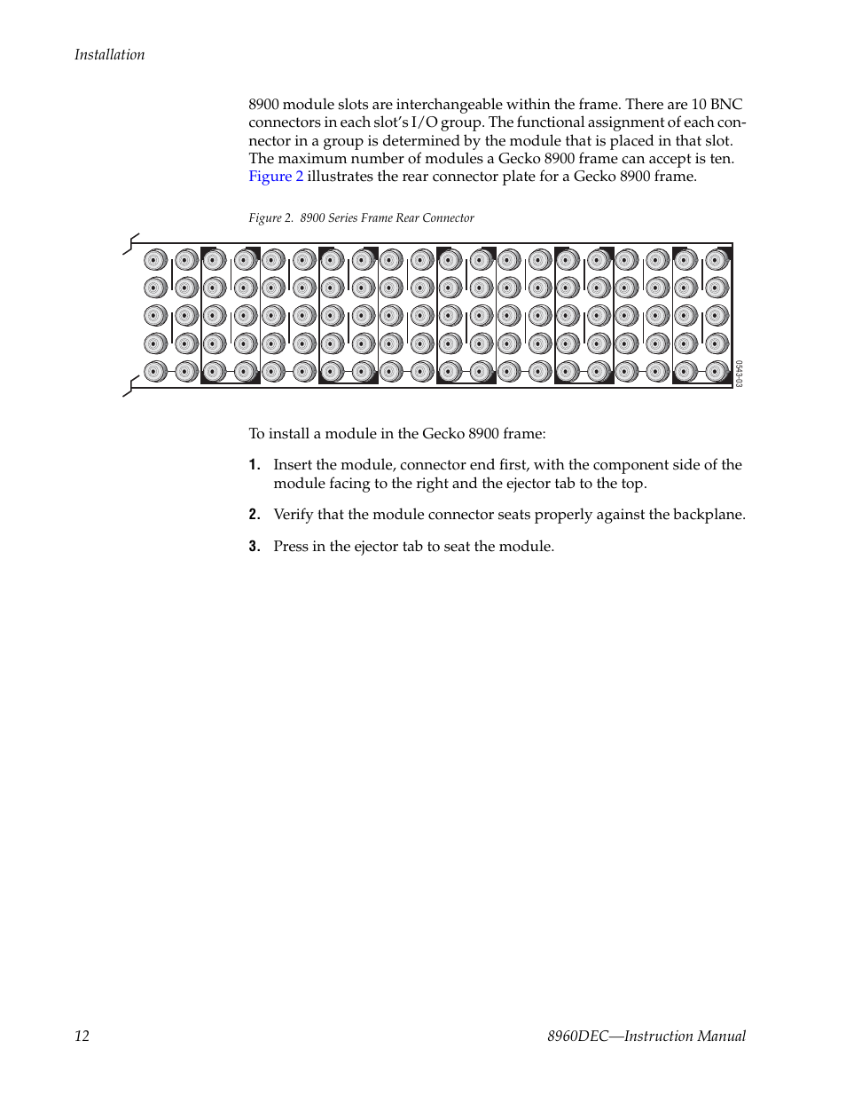 Press in the ejector tab to seat the module | Grass Valley 8960DEC User Manual | Page 12 / 54