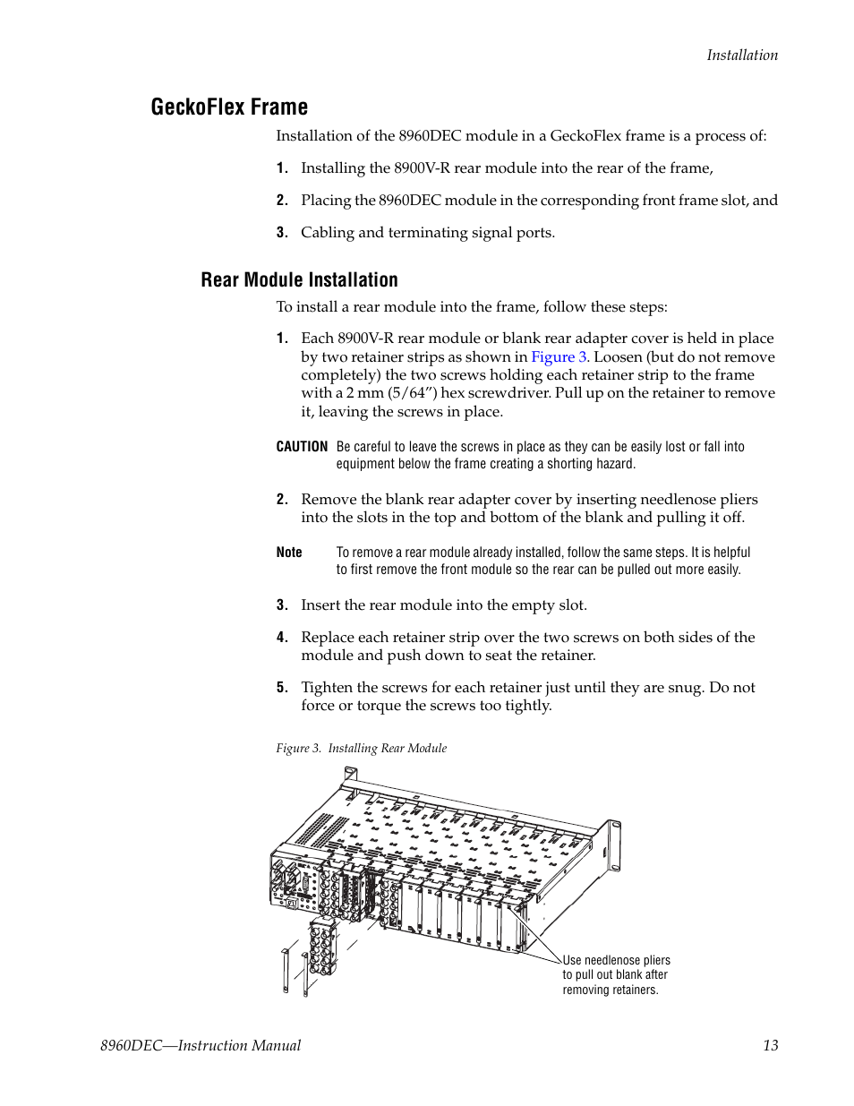 Geckoflex frame, Rear module installation | Grass Valley 8960DEC User Manual | Page 13 / 54