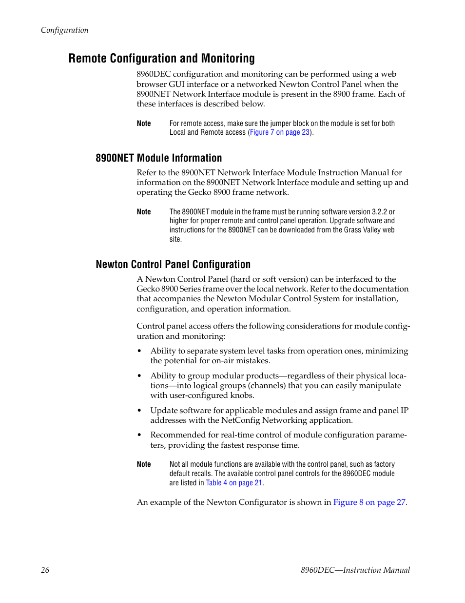 Remote configuration and monitoring, 8900net module information, Newton control panel configuration | Grass Valley 8960DEC User Manual | Page 26 / 54