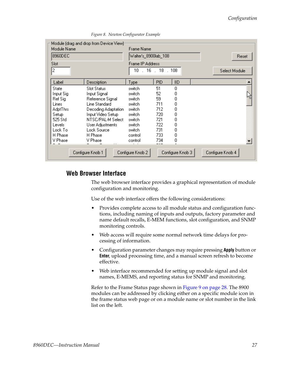 Web browser interface, N in | Grass Valley 8960DEC User Manual | Page 27 / 54