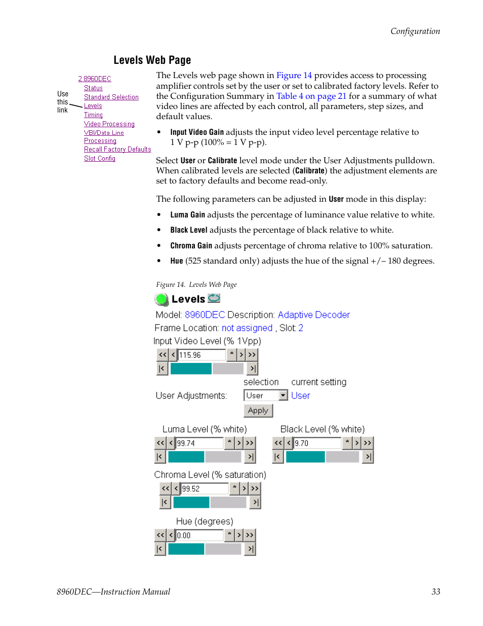 Levels web page | Grass Valley 8960DEC User Manual | Page 33 / 54