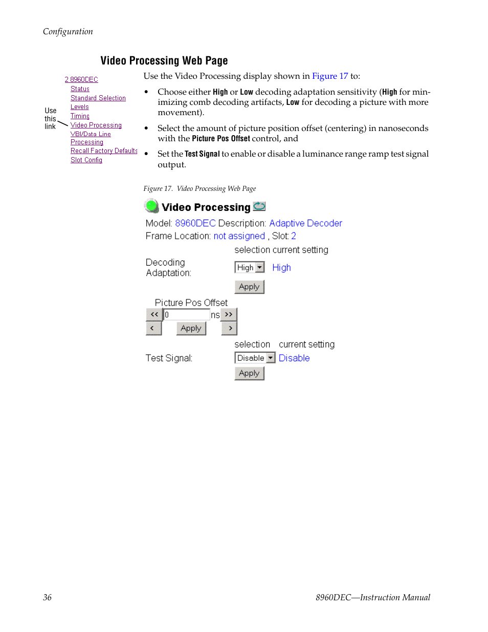 Video processing web page | Grass Valley 8960DEC User Manual | Page 36 / 54