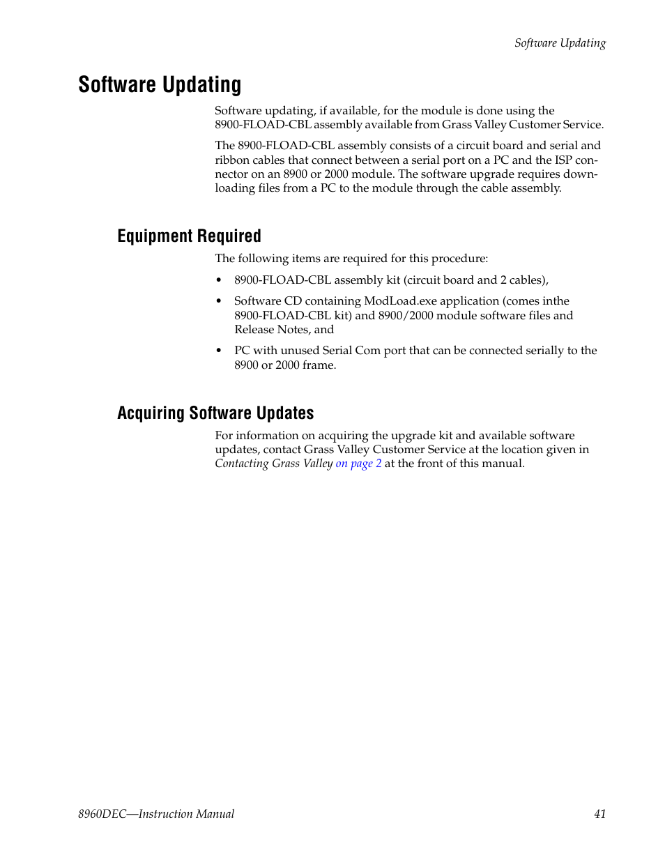 Software updating, Equipment required, Acquiring software updates | Grass Valley 8960DEC User Manual | Page 41 / 54