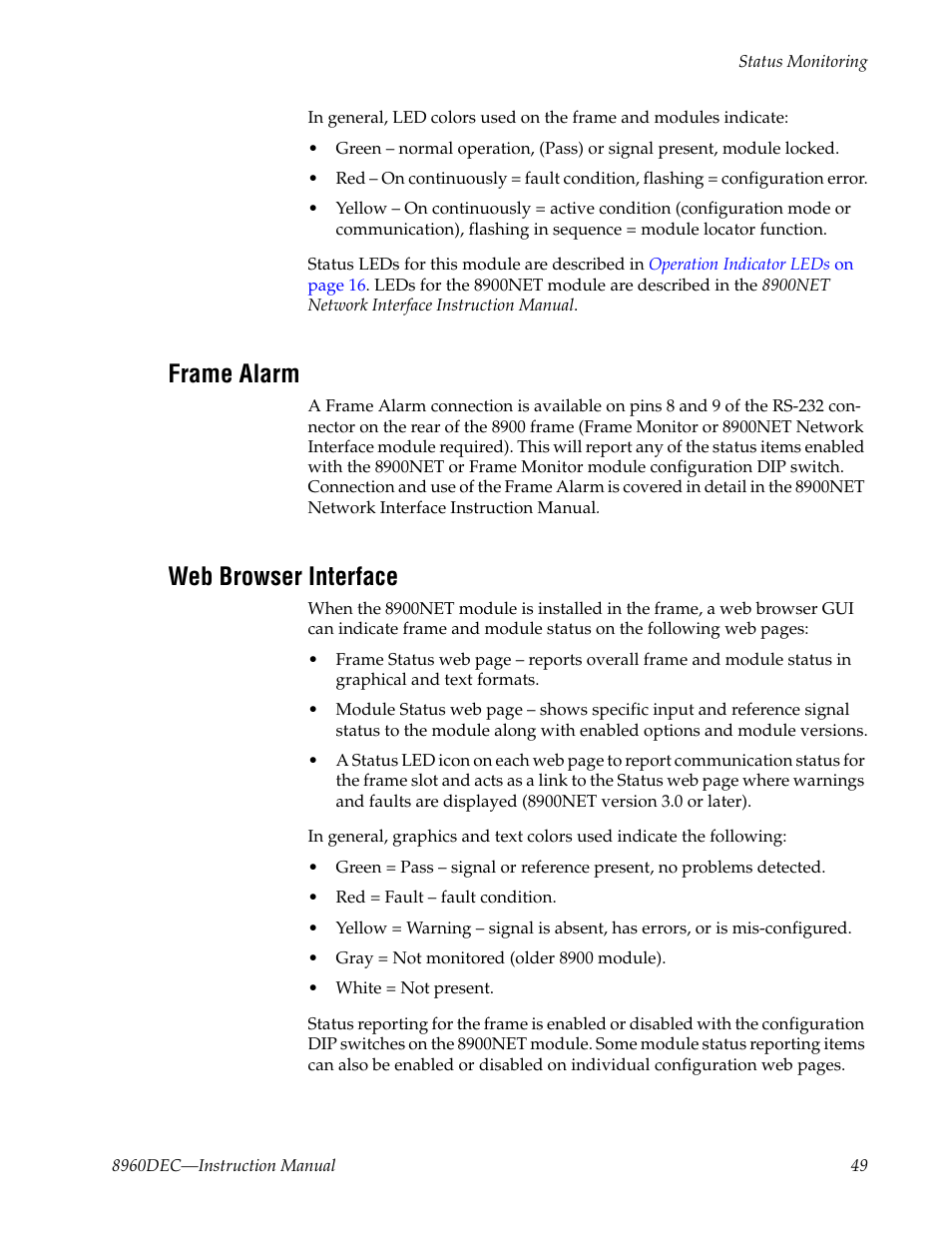Frame alarm, Web browser interface | Grass Valley 8960DEC User Manual | Page 49 / 54
