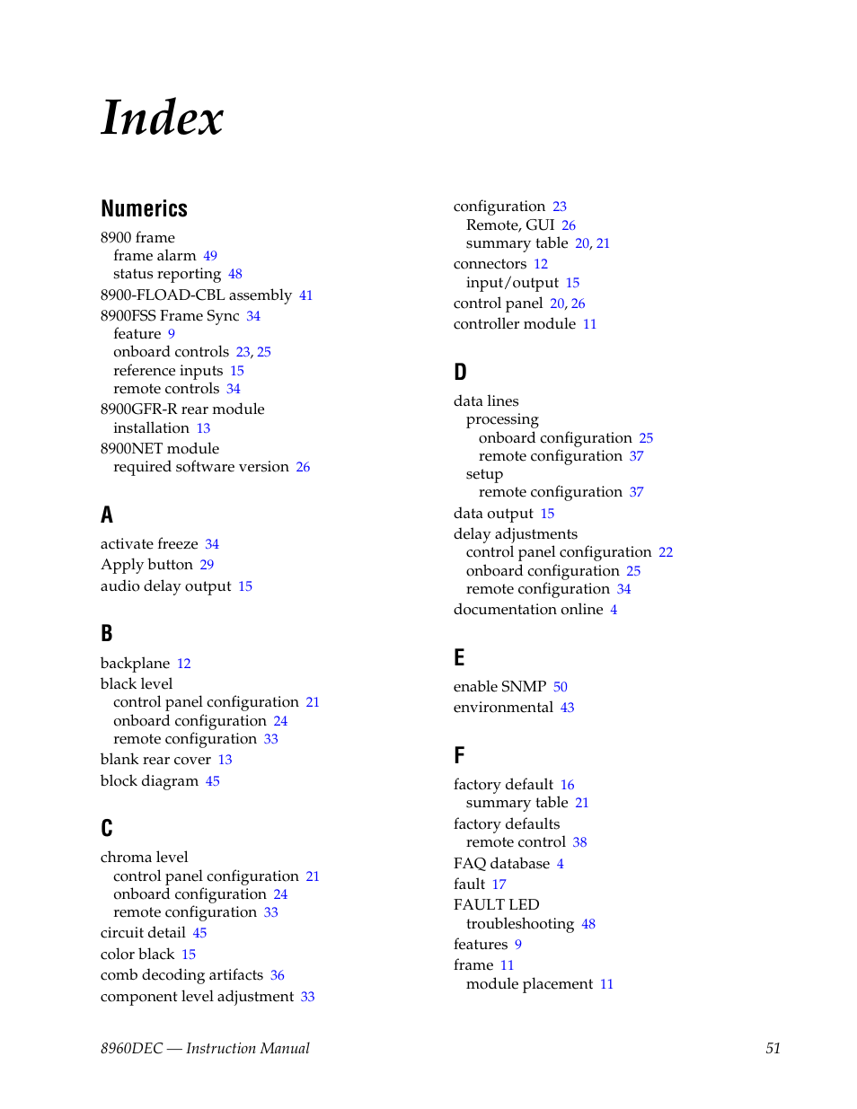 Index, Numerics | Grass Valley 8960DEC User Manual | Page 51 / 54