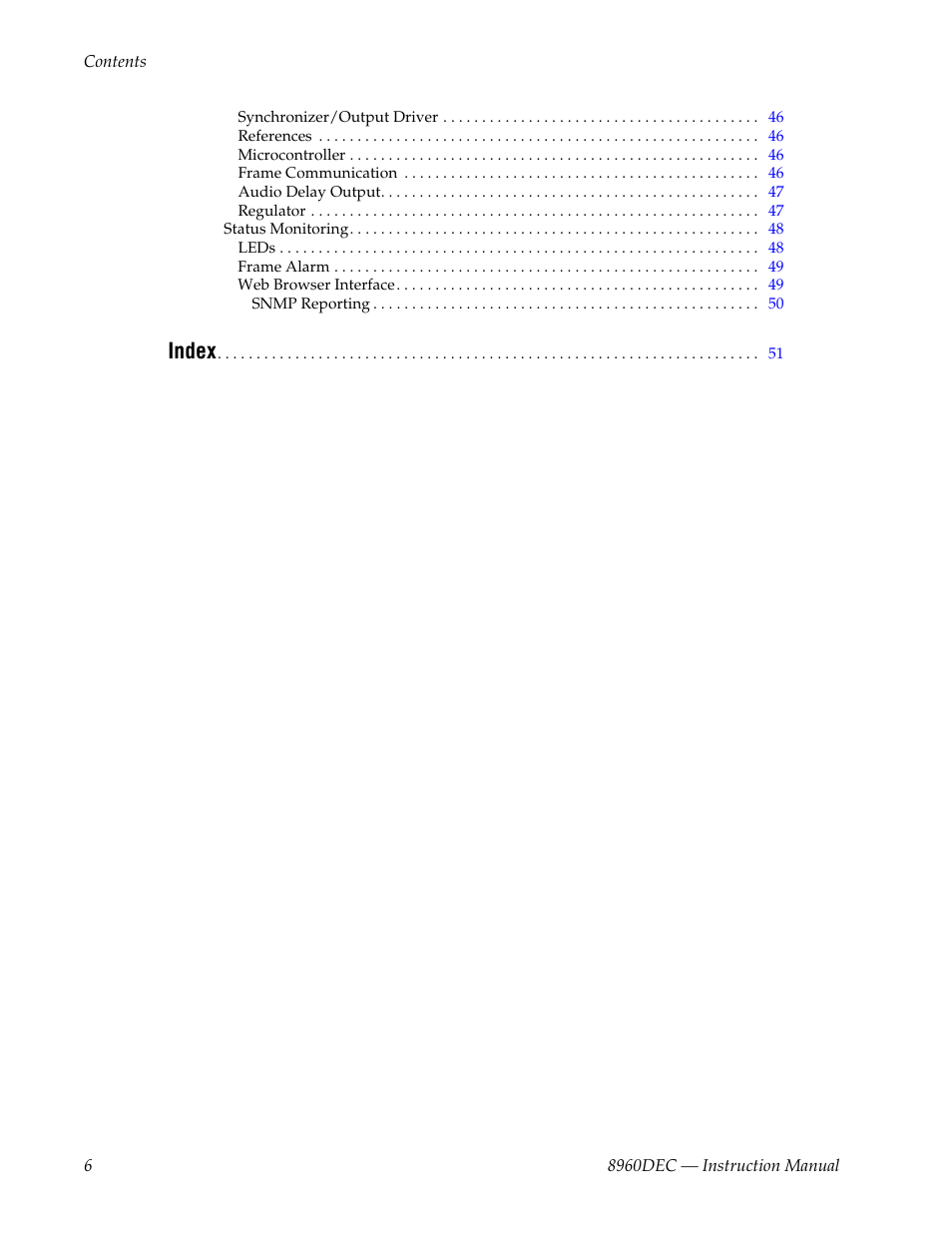 Index | Grass Valley 8960DEC User Manual | Page 6 / 54