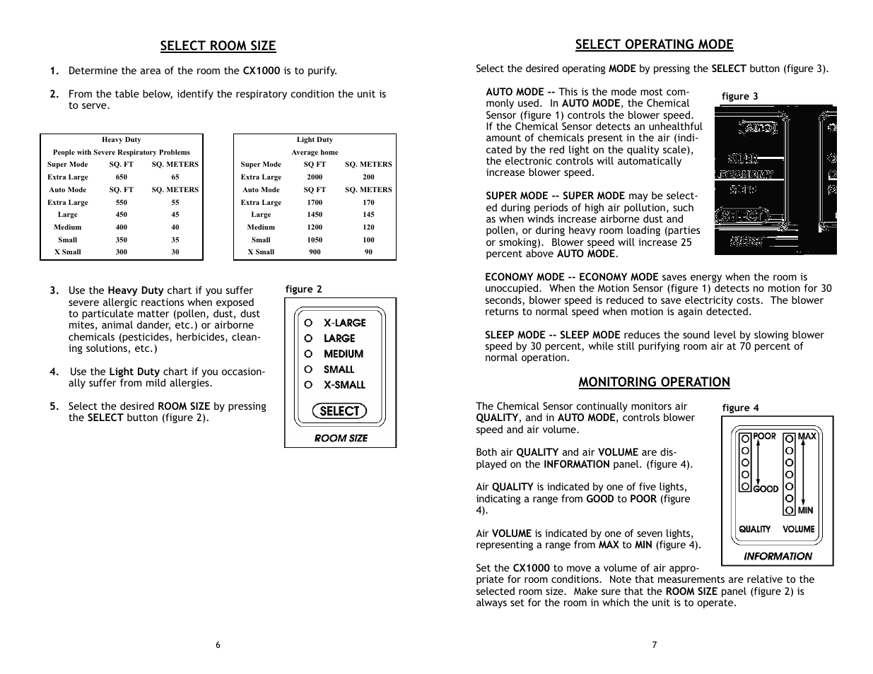 Select operating mode, Monitoring operation, Select room size | CFM CX1000 User Manual | Page 6 / 12