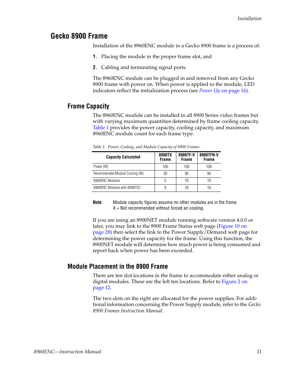 Gecko 8900 frame, Frame capacity, Module placement in the 8900 frame | Grass Valley 8960ENC v.8.1.0 User Manual | Page 11 / 58