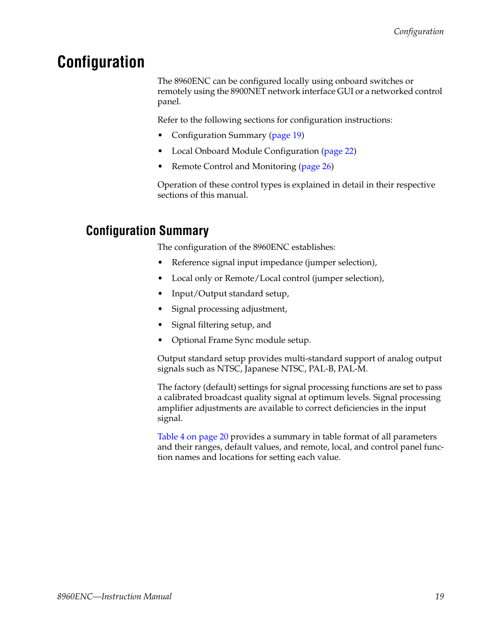 Configuration, Configuration summary | Grass Valley 8960ENC v.8.1.0 User Manual | Page 19 / 58