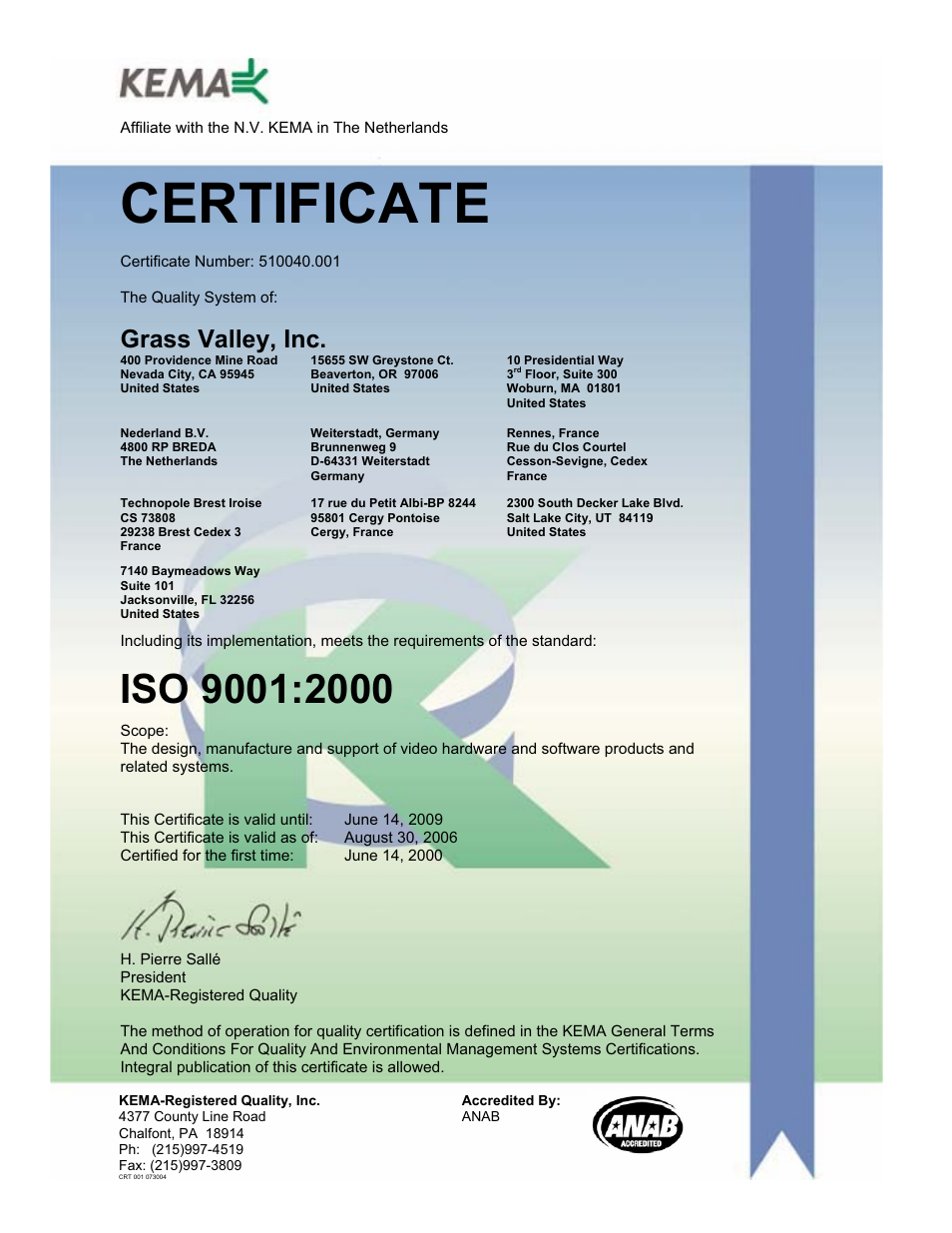 Certificate, Grass valley, inc | Grass Valley 8960ENC v.8.1.0 User Manual | Page 2 / 58