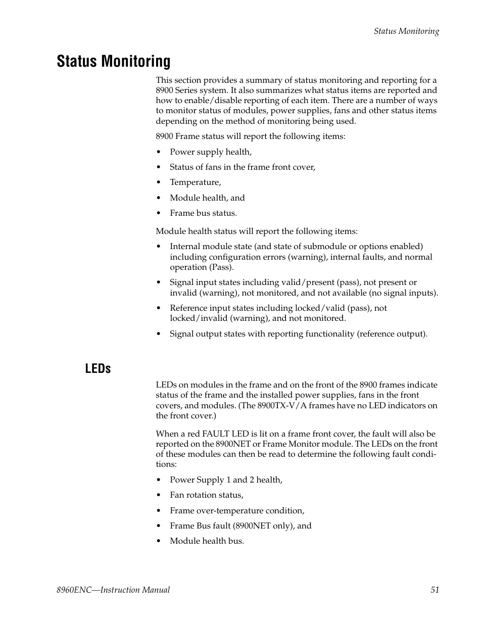 Status monitoring, Leds | Grass Valley 8960ENC v.8.1.0 User Manual | Page 51 / 58