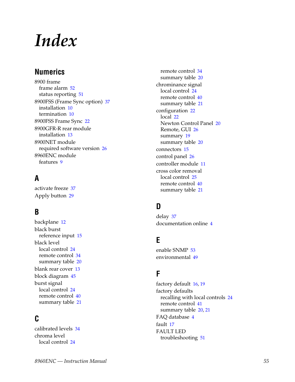 Index, Numerics | Grass Valley 8960ENC v.8.1.0 User Manual | Page 55 / 58