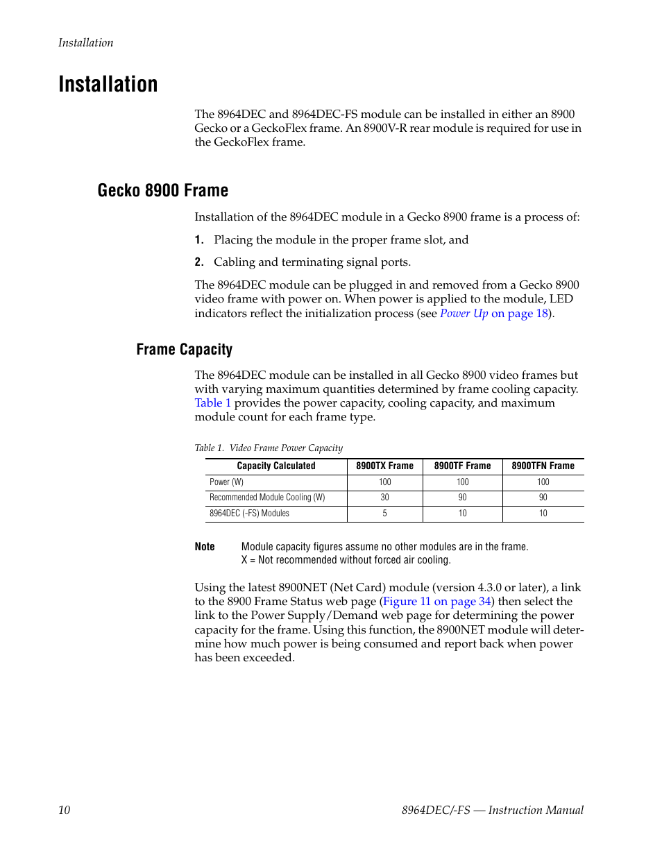 Installation, Gecko 8900 frame, Frame capacity | Grass Valley 8964DEC v.1.1.0 User Manual | Page 10 / 72