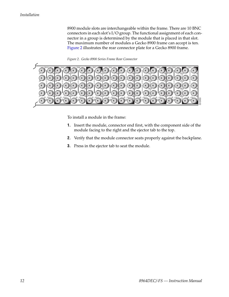 Press in the ejector tab to seat the module | Grass Valley 8964DEC v.1.1.0 User Manual | Page 12 / 72