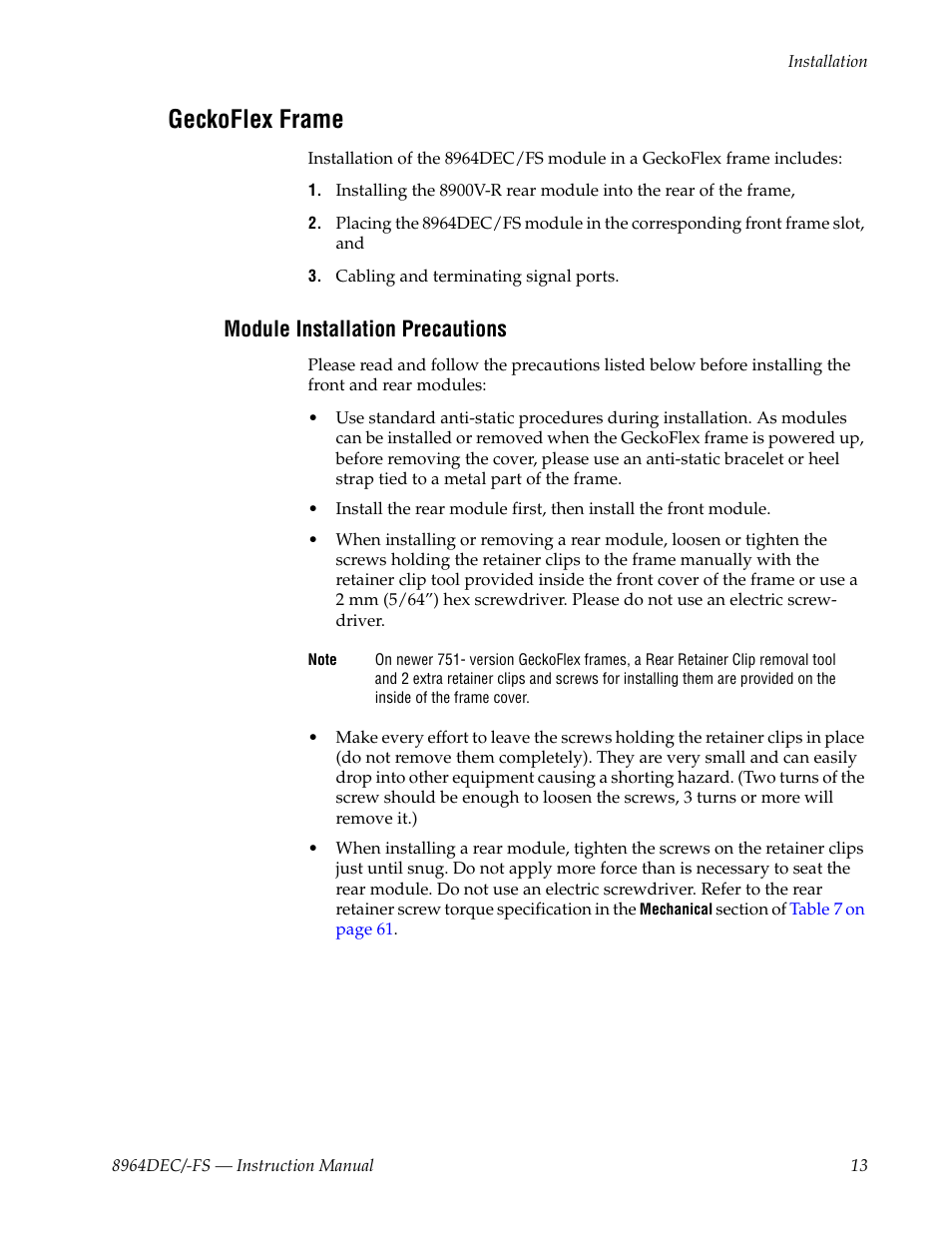 Geckoflex frame, Module installation precautions | Grass Valley 8964DEC v.1.1.0 User Manual | Page 13 / 72