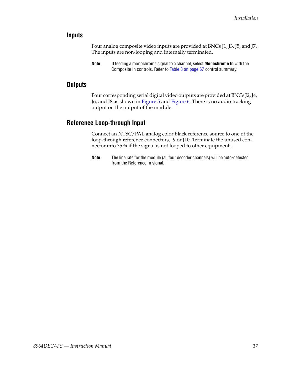 Inputs, Outputs, Reference loop-through input | Grass Valley 8964DEC v.1.1.0 User Manual | Page 17 / 72