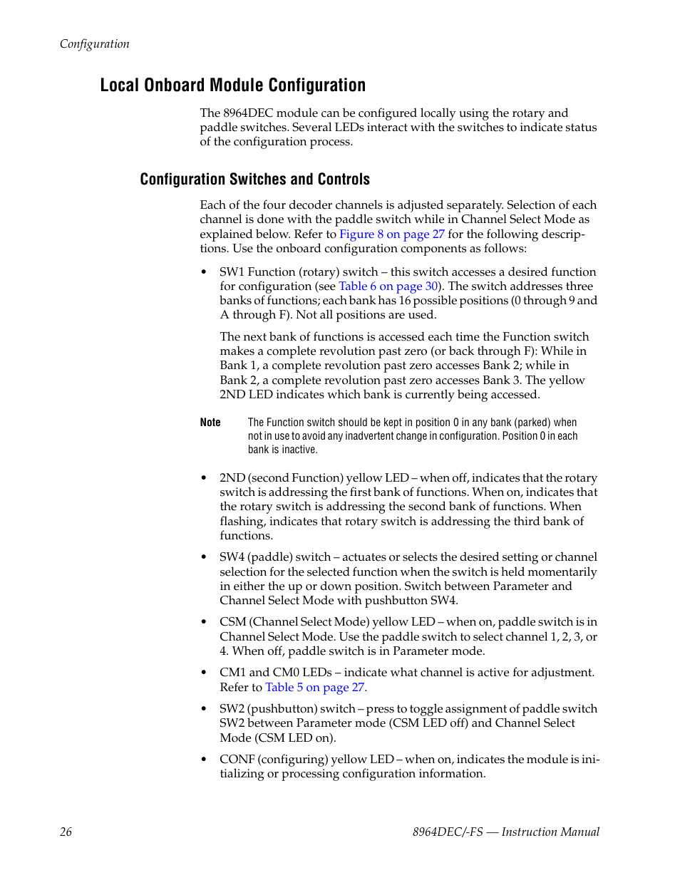 Local onboard module configuration, Configuration switches and controls | Grass Valley 8964DEC v.1.1.0 User Manual | Page 26 / 72