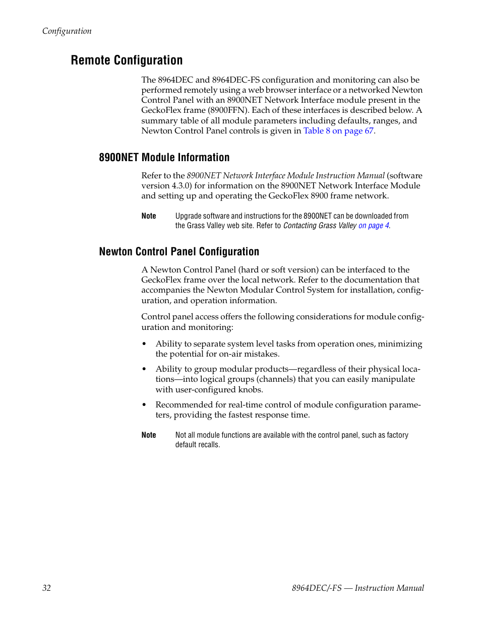 Remote configuration, 8900net module information, Newton control panel configuration | Grass Valley 8964DEC v.1.1.0 User Manual | Page 32 / 72