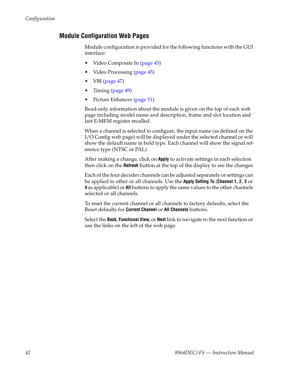 Module configuration web pages | Grass Valley 8964DEC v.1.1.0 User Manual | Page 42 / 72