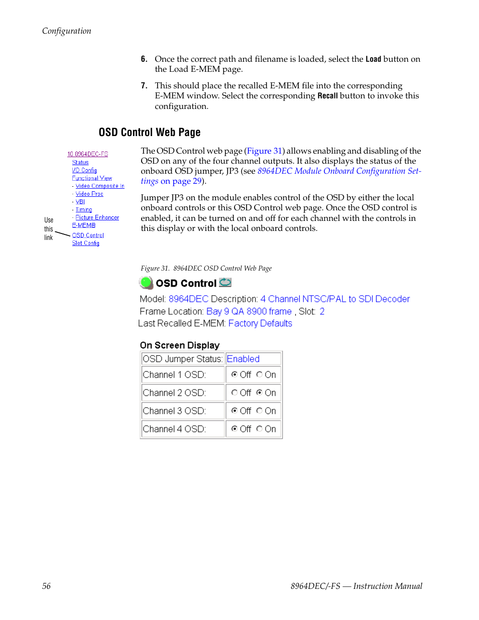 Er to, Fer to, Osd control web page | Grass Valley 8964DEC v.1.1.0 User Manual | Page 56 / 72