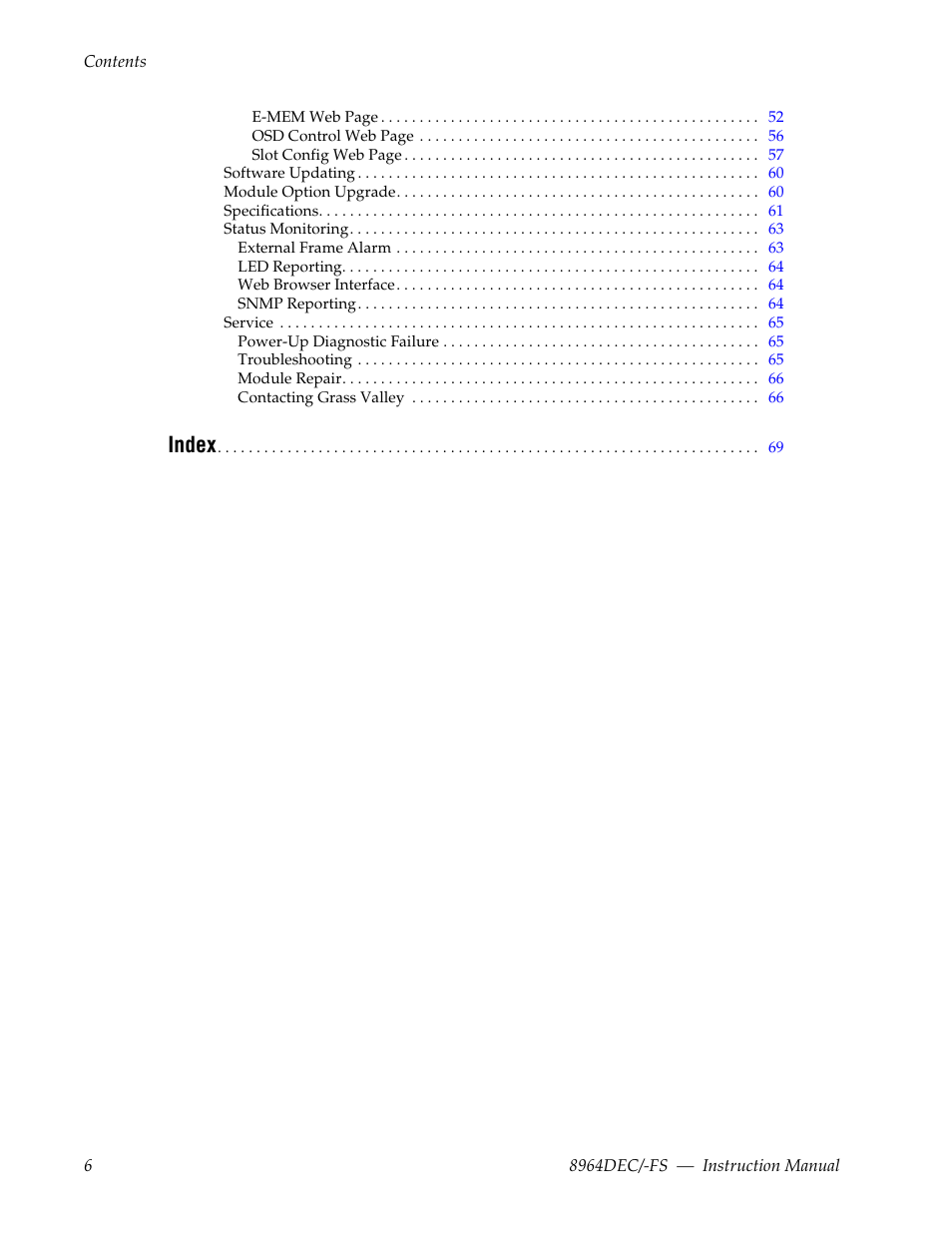 Index | Grass Valley 8964DEC v.1.1.0 User Manual | Page 6 / 72