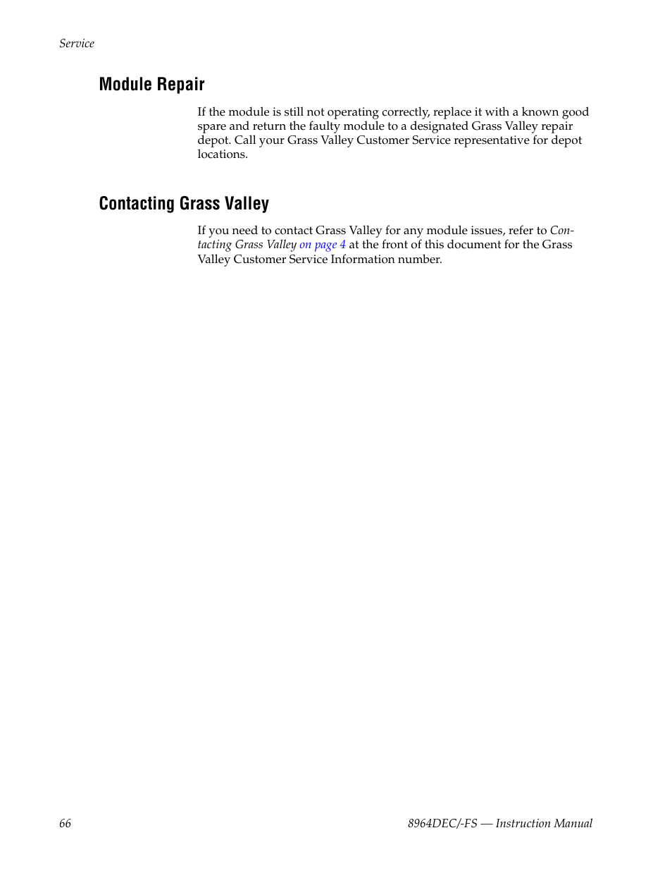 Module repair, Contacting grass valley | Grass Valley 8964DEC v.1.1.0 User Manual | Page 66 / 72