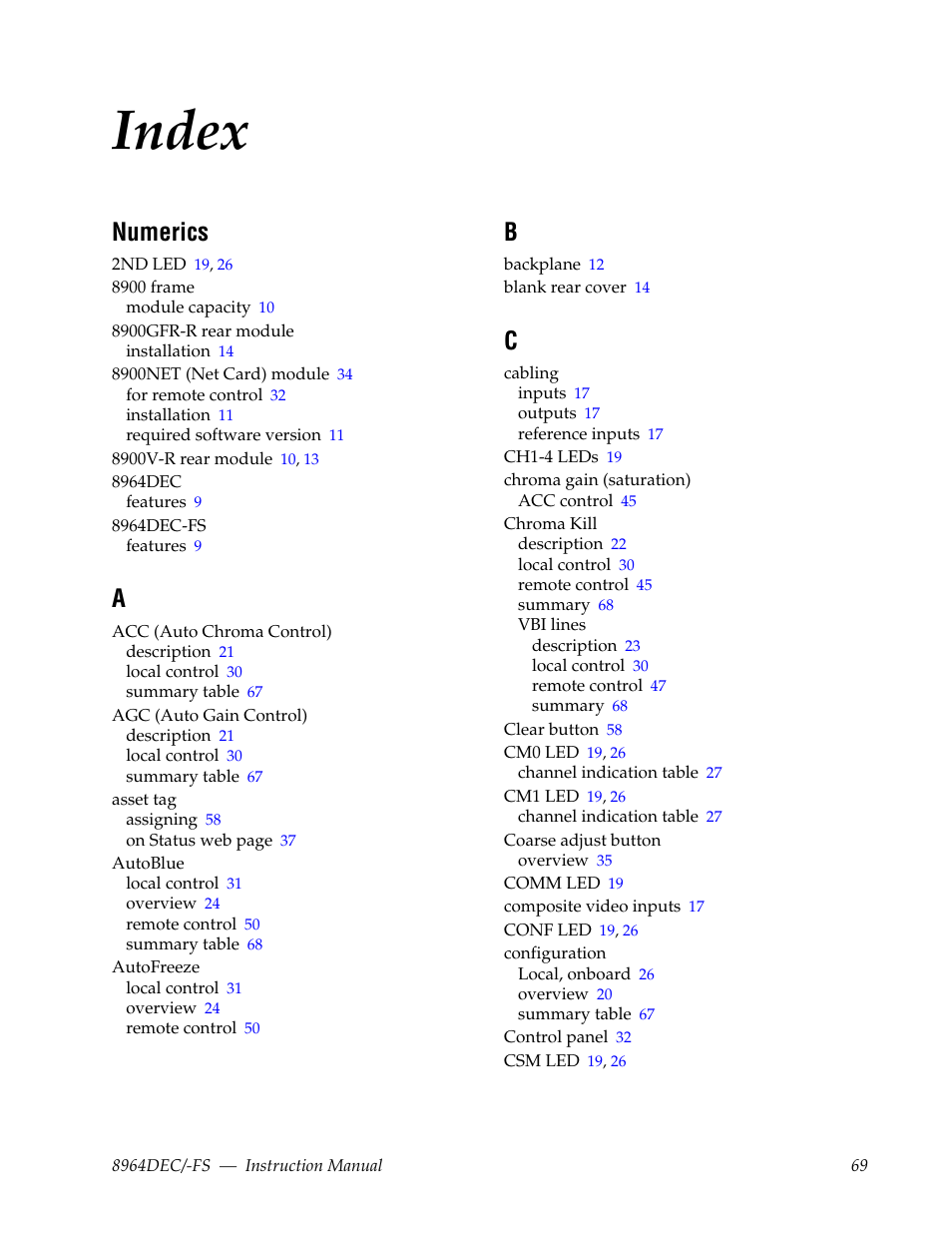 Index, Numerics | Grass Valley 8964DEC v.1.1.0 User Manual | Page 69 / 72