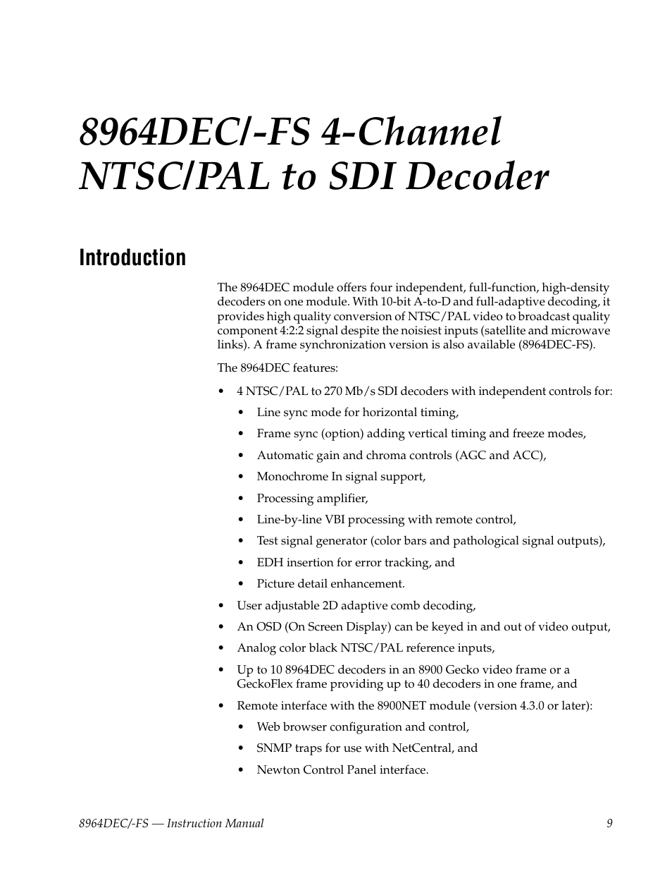 8964dec/-fs 4-channel ntsc/pal to sdi decoder, Introduction, 8964dec/-fs 4-channel | Ntsc/pal to sdi decoder | Grass Valley 8964DEC v.1.1.0 User Manual | Page 9 / 72