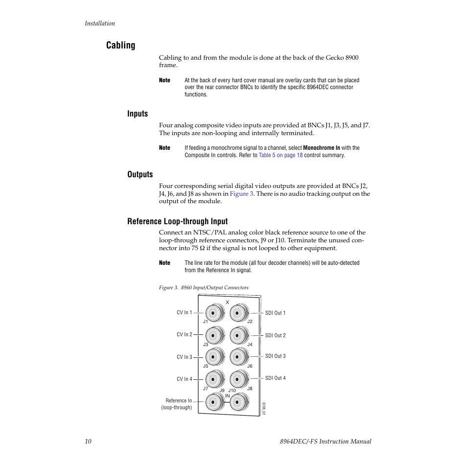 Cabling, Inputs, Outputs | Reference loop-through input | Grass Valley 8964DEC v.1.0.5 User Manual | Page 10 / 66