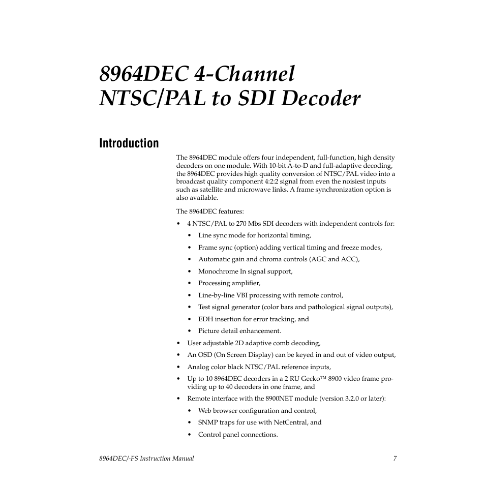 8964dec 4-channel ntsc/pal to sdi decoder, Introduction | Grass Valley 8964DEC v.1.0.5 User Manual | Page 7 / 66