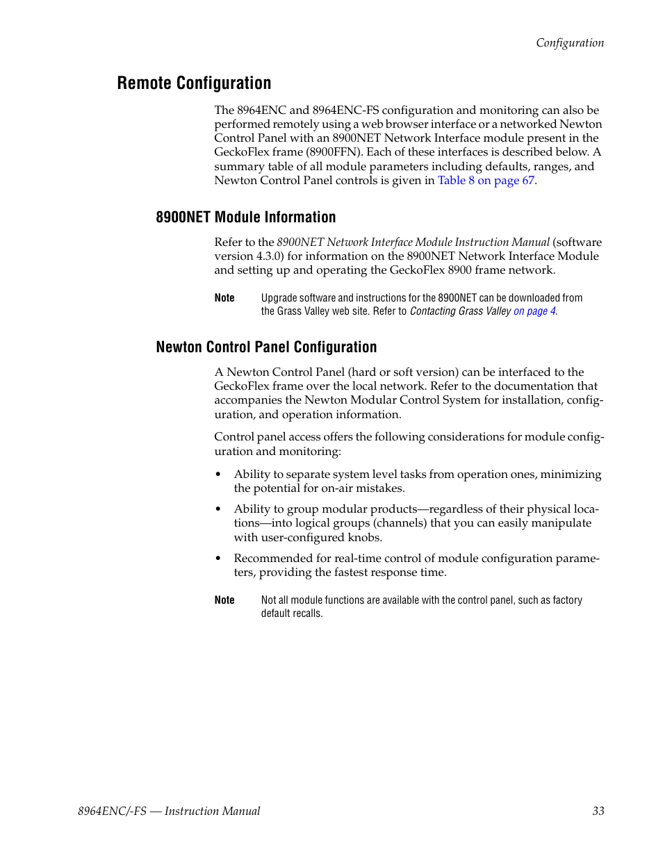 Remote configuration, 8900net module information, Newton control panel configuration | Grass Valley 8964ENC v.1.2.2 User Manual | Page 33 / 74